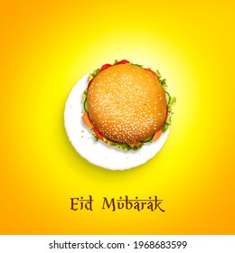 Eid Mubarak And Ramadan Creative Concept Design. Eid Ul-Fitr, Eid Ul-Adha. The Moon Is Made With A Burger Plate Isolated View. Half Bite Burger Food Shape Of Eid Moon. Special Burger.