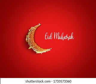 Eid Mubarak-Half bite Burger food  shape of eid or Ramadan moon concept of eid celebration. Burger on red background restaurant Eid concept.