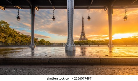  Eiffel Tower and Bir Hakeim Bridge in Paris, France during sunrise. - Shutterstock ID 2236079497