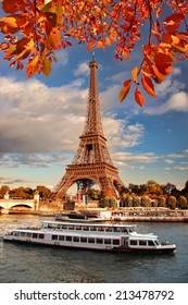 Eiffel Tower With Boat On Seine In Paris, France