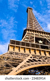 Eiffel Tower, close-up view from below.