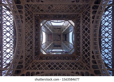 Eiffel Tower Complex Lattice Work As Viewed From Underneath
