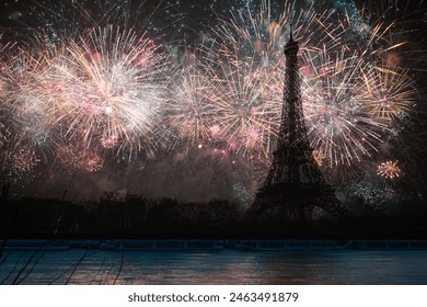 Eiffel tower with fireworks at night  in Paris, France. The Eiffel tower is the most visited touristic attraction in France - Powered by Shutterstock