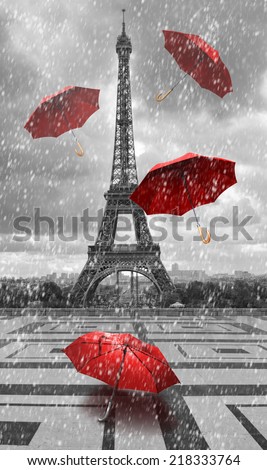 Eiffel tower with flying umbrellas. Black and white with red element