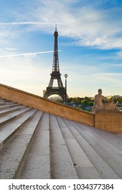 Eiffel Tower From Gardens Of The Trocadero With Stairs, Paris France