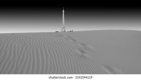 The Eiffel Tower Half Buried In The Desert Sand,  Dystopian Photo Of The Future Of Paris, The Desert Covering The City