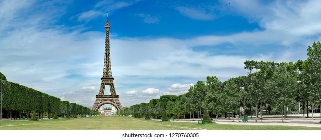 Eiffel Tower, Iconic Paris Landmark With Vibrant Blue Sky, No People Commercial Background, Panoramic View