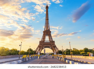 Eiffel Tower main close view, symbol of Paris, sunset light