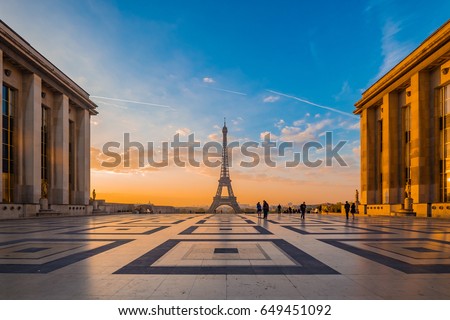 Eiffel Tower with Morning Light and Buildings, Landmark of Paris, France.
