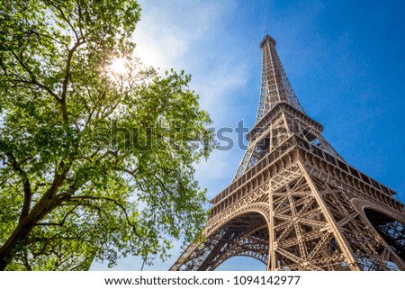 Similar – Eiffel Tower in green trees on blue sky