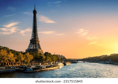 The Eiffel Tower in Paris France, at sunset
