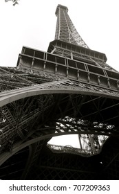 Eiffel Tower In Paris From Street Level In Black And White