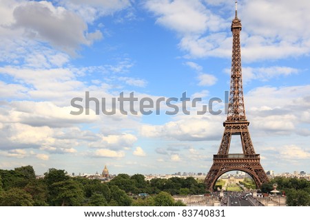 Eiffel Tower - Paris travel icon. Day with vlue sky.