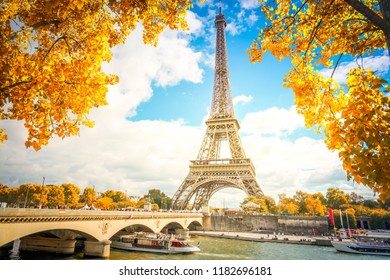 Eiffel Tower And Pont DIena With Yellow Fall Tree, Paris France