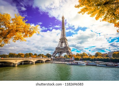 Eiffel Tower And Pont DIena With Yellow Autumn Tree, Paris France