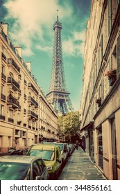 Eiffel Tower Seen From The Street In Paris, France. Vintage, Retro