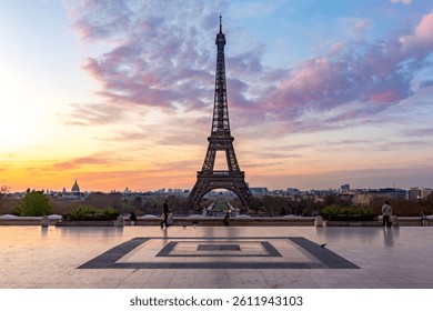 Eiffel tower seen from Trocadero at sunrise, Paris, France