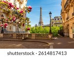 Eiffel tower and streets of Paris in spring, France