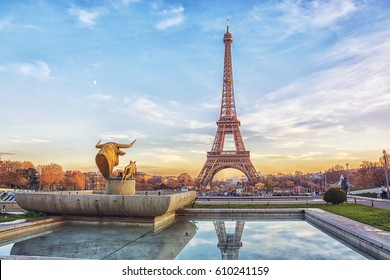 Eiffel Tower at sunset in Paris, France. Romantic travel background - Shutterstock ID 610241159