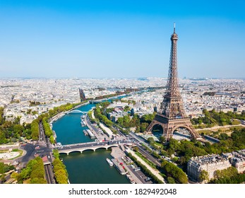 Eiffelova věž nebo Tour Eiffelova letecký pohled, je tepaná železná mřížková věž na Champ de Mars v Paříži, Francie