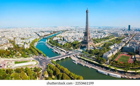 Eiffel Tower or Tour Eiffel aerial view, is a wrought iron lattice tower on the Champ de Mars in Paris, France