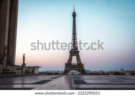 Eiffel Tower from Trocadero taken during sunrise time. Famous landmark iconic place in Paris, France