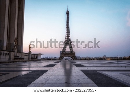Eiffel Tower from Trocadero taken during sunrise time. Famous landmark iconic place in Paris, France