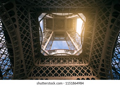 eiffel tower, view from below, tower base close-up, concept of traveling alone and romance