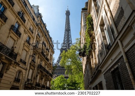 The Eiffel Tower view between palaces in Rue de l'Universite street, 7th arrondissement, Paris, France