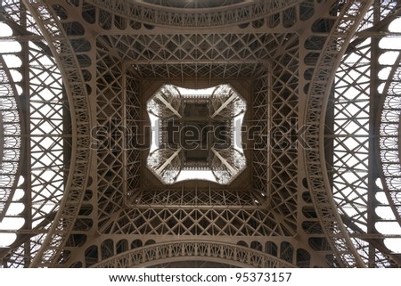 Eiffel Tower viewed from underneath showing the patterns and structure