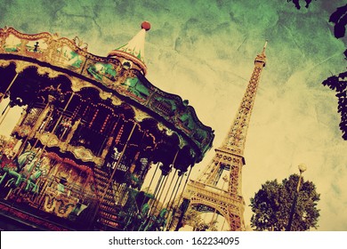 Eiffel Tower and vintage carousel, Paris, France. Retro style