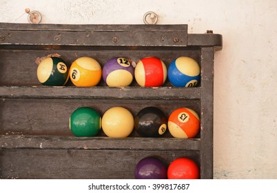 Eight Ball Balls In Vintage Pool Rack