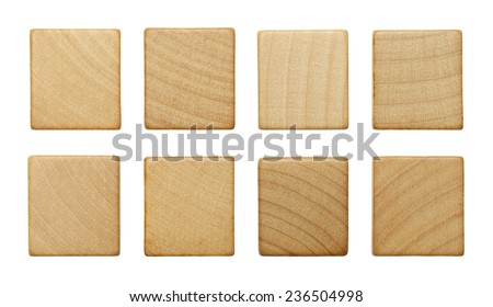 Eight Blank Wood Scrabble Pieces Isolated on White Background.