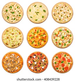 Eight different pizza set for menu. Italian food traditional cuisine. Vegetarian pizzas with mozarella, seafood, salmon, mushrooms. Collage of snacks with fish and vegetables. 