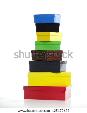 Eight multi-colored boxes isolated on white - part of a series of images with eight boxes stacked upon each other sequentially.