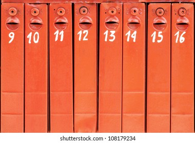 eight old mail boxes background, from nine to sixteen
