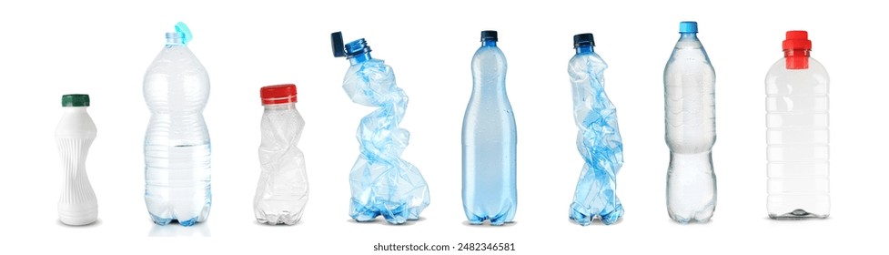 eight plastic bottles in a row on a white background