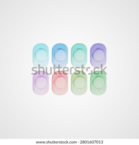 Eight rounded rectangular buttons in pastel gradient colors arranged in two rows keywords