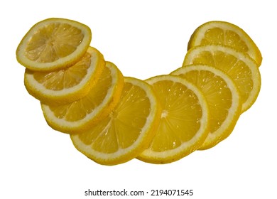 Eight Slices Of Lemon Isolated On White Background. (citrus Limon, Rutaceae)