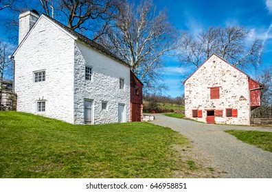 Eighteenth Century Farm Buildings Including A Barn With An Overhang Located In Southeast Pennsylvania.