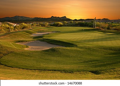 Eighteenth Hole On A Golf Course Located In Tucson Arizona At Sunset.