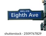 Eighth Avenue street sign isolated on white, transparent. 8th ave blue color road sign, Manhattan New York city, USA