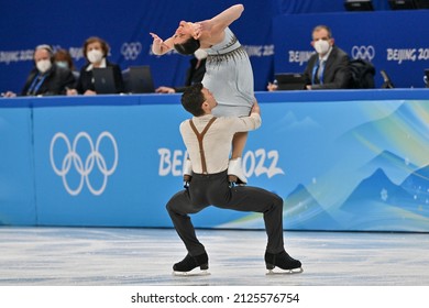 EIJING, CHINA - FEBRUARY 14: Charlene Guignard And Marco Fabbri Of Italia React After The Ice Dance Free Dance On Day 10 Of The Beijing 2022 Winter Olympic Games