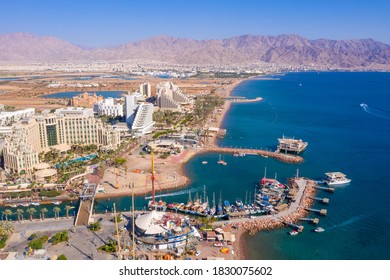 Eilat Coastline, Waterfront Hotels And The Red Sea , Aerial View