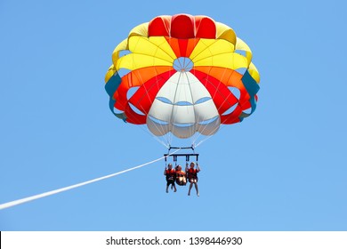 Eilat, Israel - JUNE, 23, 2017:  Sea extreme sport.  Parasailing is a popular pastime in many resorts around the world. The active form of relaxation. 