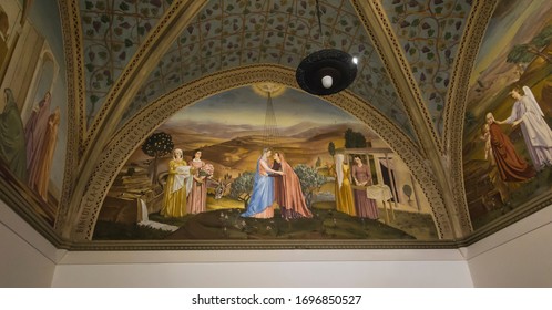 Ein Karem, Jerusalem, Israel, January 29, 2020: Fresco depicting the meeting of Mary with Elizabeth at the Sanctuary of the Visitation in En Kerem, Israel