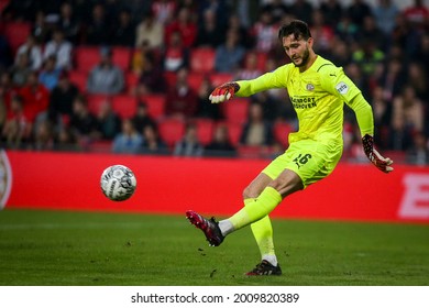 Eindhoven, Holland - Jul 14, 2021. PSV Eindhoven goalkeeper Joel Drommel passes the ball during a friendly match between PSV Einhoven and PAOK FC.