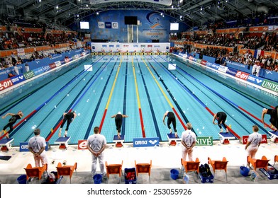 EINDHOVEN, HOLLAND-MARCH 19, 2008: top panoramic view of swimmers starting blocks and indoor swimming pool lanes at the European Swimming Championship, in Eindhoven.