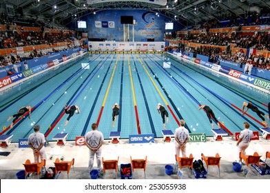 EINDHOVEN, HOLLAND-MARCH 19, 2008: top panoramic view of swimmers starting blocks and indoor swimming pool lanes at the European Swimming Championship, in Eindhoven.