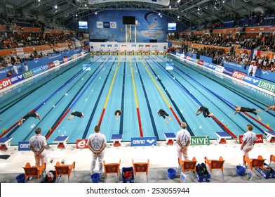 EINDHOVEN, HOLLAND-MARCH 19, 2008: Top Panoramic View Of Swimmers Starting Blocks And Indoor Swimming Pool Lanes At The European Swimming Championship, In Eindhoven.